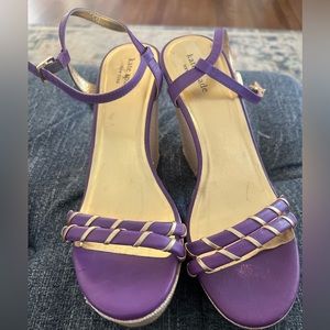 Kate Spade Purple and Metallic Gold Straw Block Platform Wedge Sandals Size 8.5